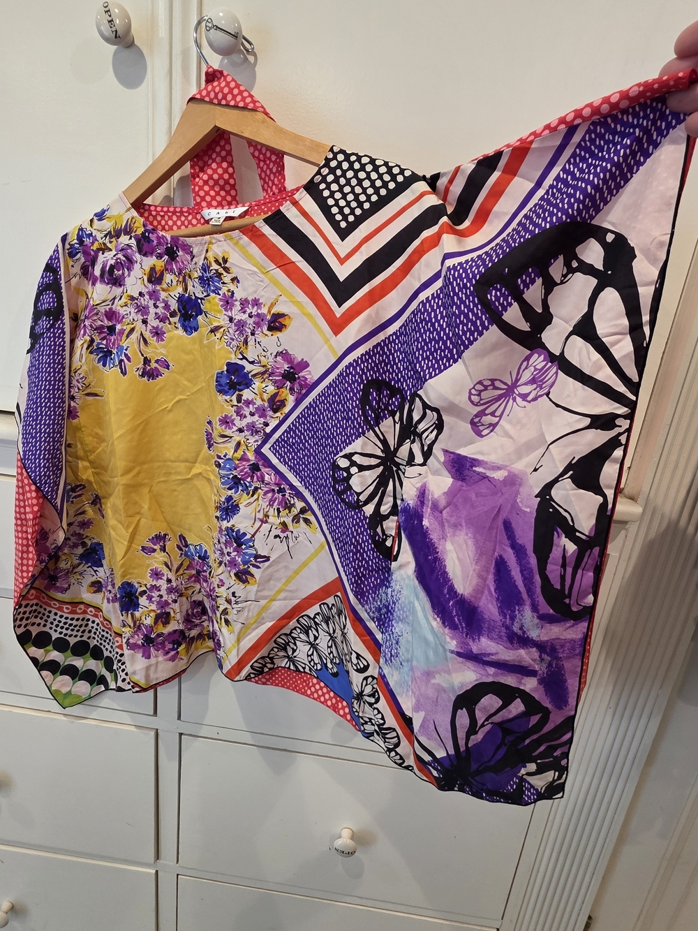 CAbi Silk Butterfly & Pink Polka Dot Trim Floral Blouse With Tie